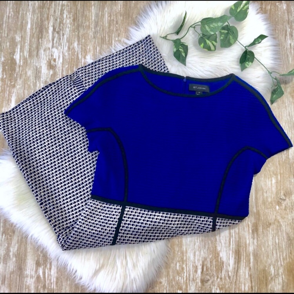 St. John Peplum Knit Dress Royal Blue Tweed Wool